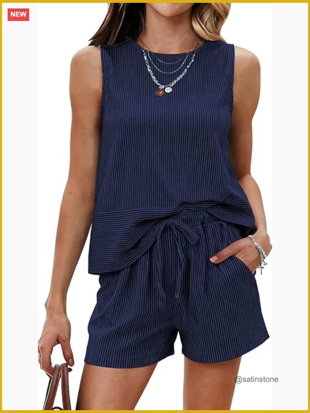 Two Piece Shorts Set - Sleeveless Tank Top & Elastic Waist Shorts - Lounge &